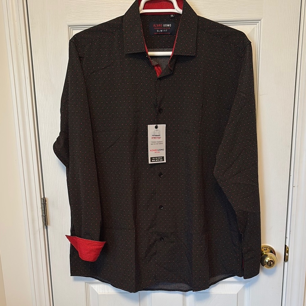 Azaro Uomo Men's Black Button-Up Shirt with Red Accents Slim Fit Stretch - XXL
